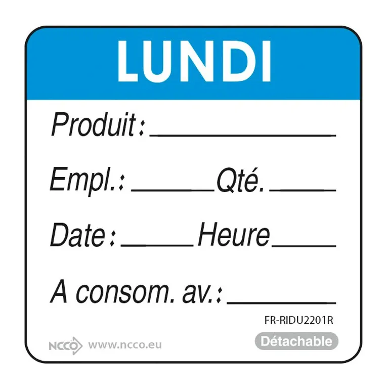 Etiquettes DLC « lundi » bleu (lot de 500)
